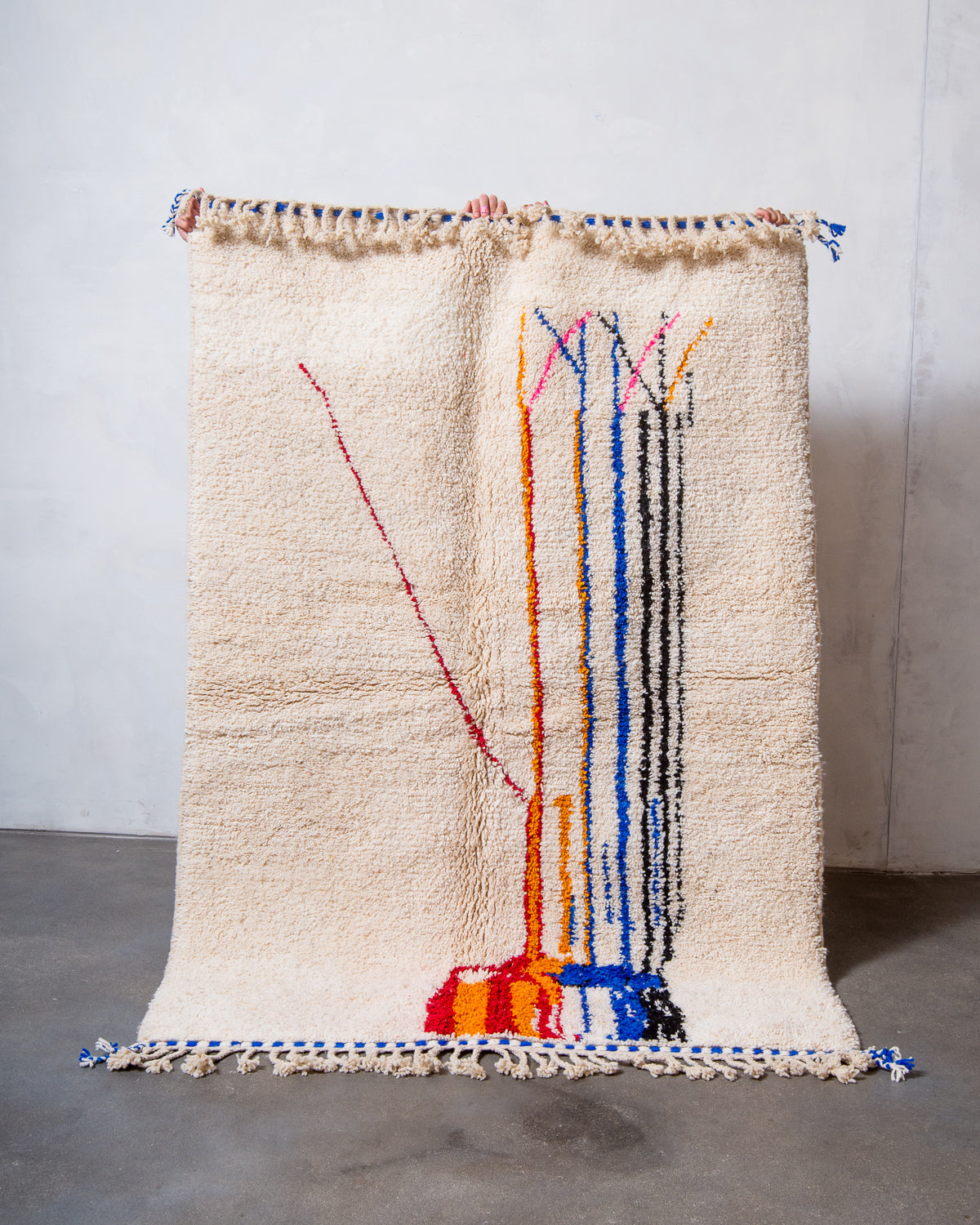 Modern, designer, handcrafted Berber rug from Morocco. Beniourain carpet with beautiful colours and patterns and fluffy wool texture.